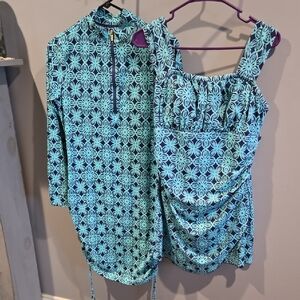 Blue Ruched Square Neck Mini Swim Dress And Cover Up/Both SPF